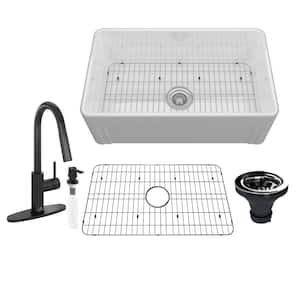 Fireclay 30 in. Single Bowl Frame Design Reversible Installation Farmhouse Apron Kitchen Sink with Kitchen Faucet Kit