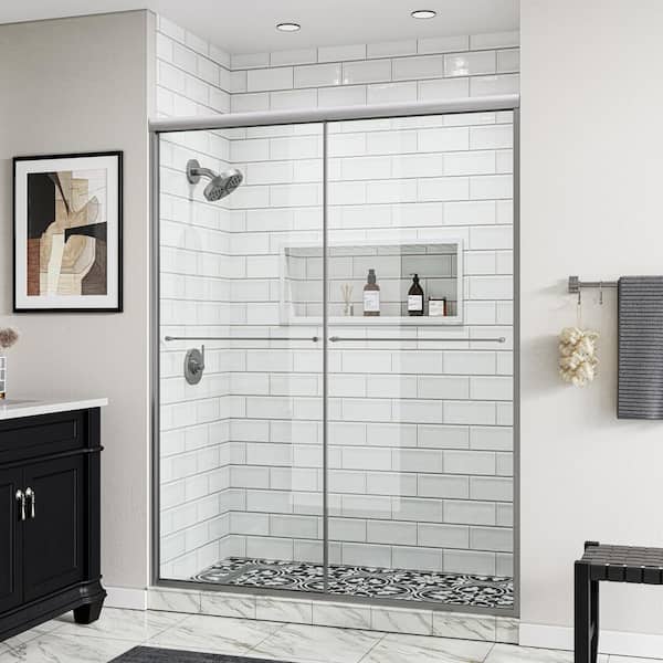 56in. - 60in. W x 76 in. H Double Sliding Semi-Frameless Shower Door in Brushed Nickel w/ 5/16 in. (8mm) Cleancoat Glass
