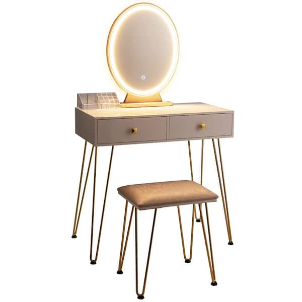 Costway White Vanity Makeup Dressing Table Bench with 3 Lighting Modes