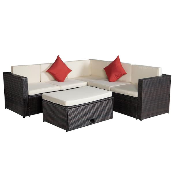 waelph 4-Piece Wicker Patio Conversation Sectional Seating Set with Coffee Table and Beige Cushions