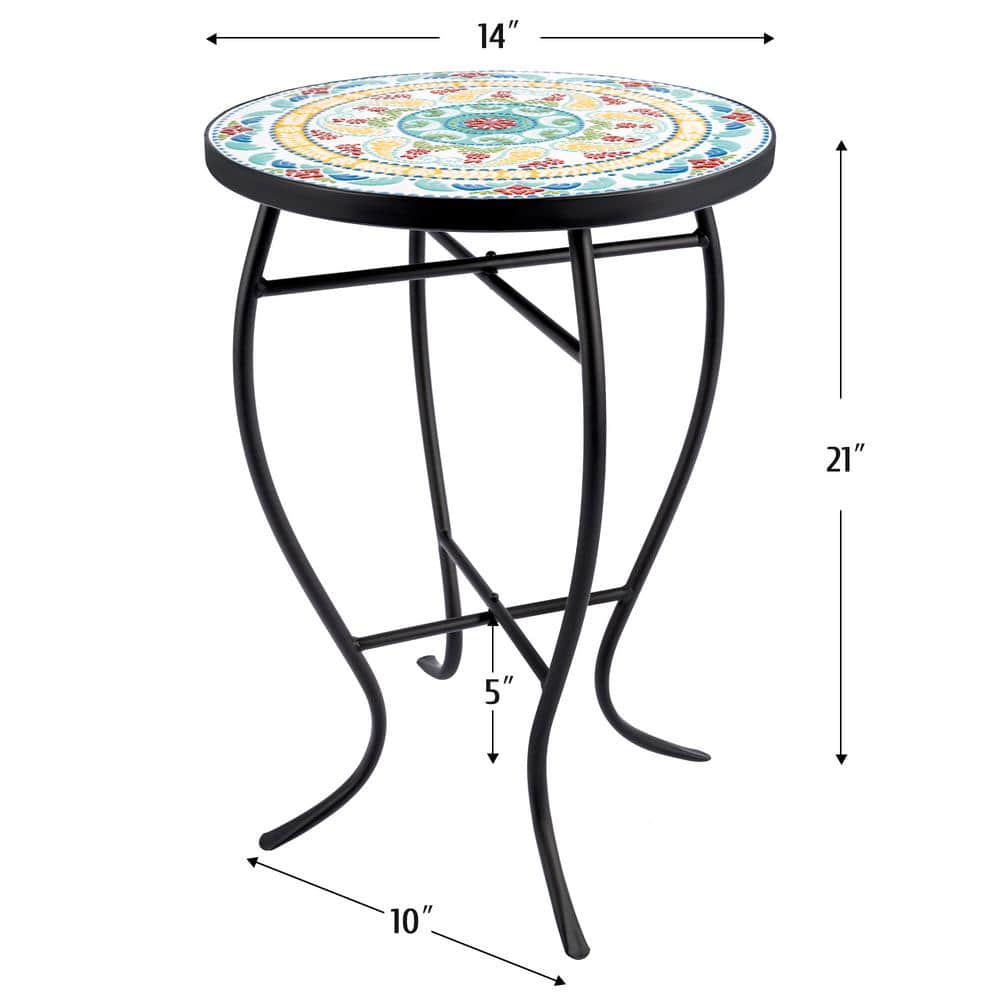 Floral Turkish-Style Ceramic Tile Round Side Table
