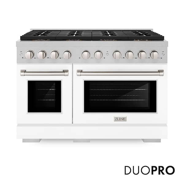 48 in. 6.7 cu. ft. Paramount Dual Fuel Range with 8-Burner DuoPro Cooktop and Dual Ovens in Satin with White Matte