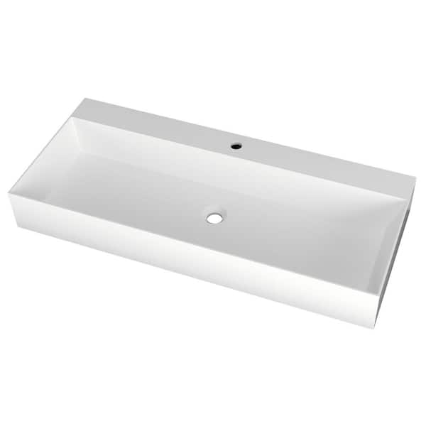 Moray 30 in. Solid Surface Wall Mount Vessel Rectangle Bathroom Sink in Matte White