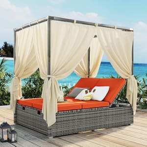 Wicker Adjustable Outdoor Day Bed Sunbed Patio Sofa Bed with Orange Cushions and Curtains