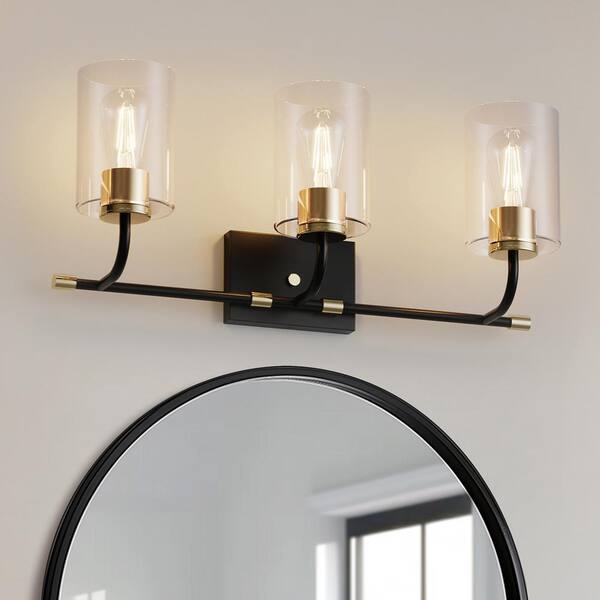 YANSUN 24 in. 3-Light Black Vanity Light with Clear Glass Cylinder Shades for Bathroom, Mirror, Bedroom