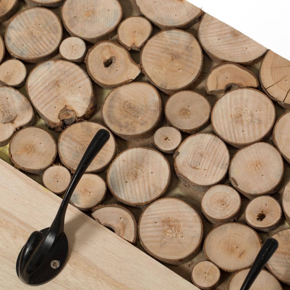 Natural Wood Rustic Hook Rack with Five Black Hooks