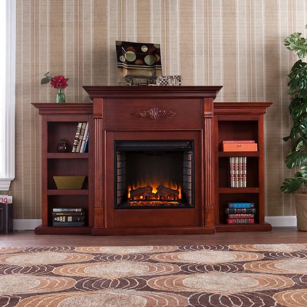 Southern Enterprises Jackson 70 in. Freestanding Media Electric Fireplace TV Stand with Bookcases in Classic Mahogany