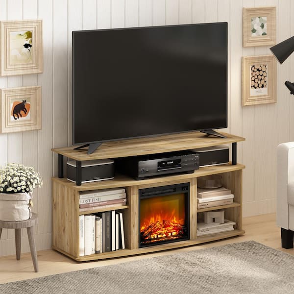 Furinno Jensen 47.24 in. Freestanding Wood Smart Electric Fireplace TV Stand in Flagstaff Oak/Black