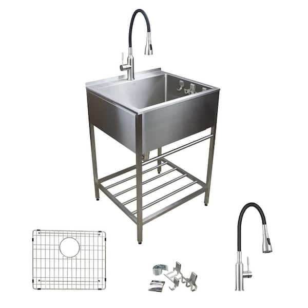 25 in. x 22 in. x 34 in. Stainless Steel Apron-Front Freestanding Utility/Laundry Sink with Wash Stand in Brushed Satin