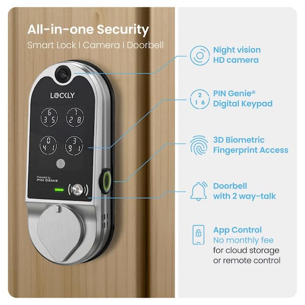 Vision Satin Nickel Deadbolt WiFi Smart Lock with Video Doorbell, Fingerprint, Keypad, App, Voice Control, 2-Way Audio