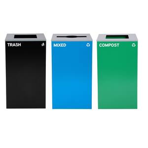 87 Gal. 3-Stream Steel Mixed and Open Square Lid Commercial Trash Can and Blue Recycling Station