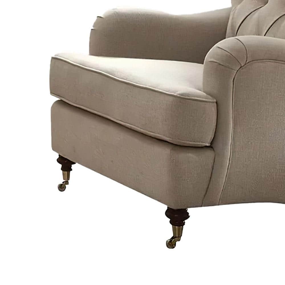 Elegant Beige Leather-Wood Accent Chair with Diamond Tufting