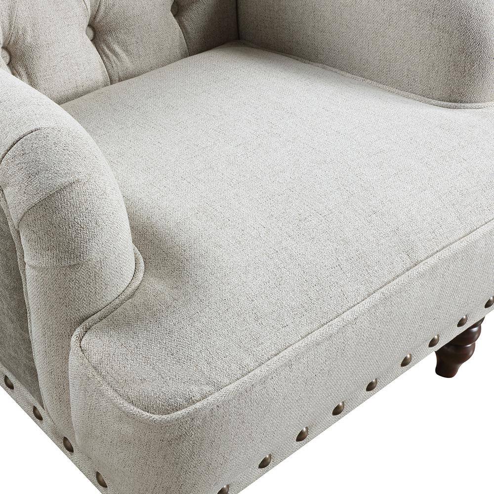 Beige Textured Fabric Upholstery Arm Chair with Wood Legs