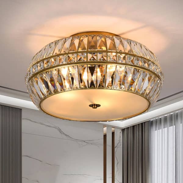 Modern 18.3 in. 3-Light Gold Drum Semi-Flush Mount Ceiling Light With Irregular Crystal Shade