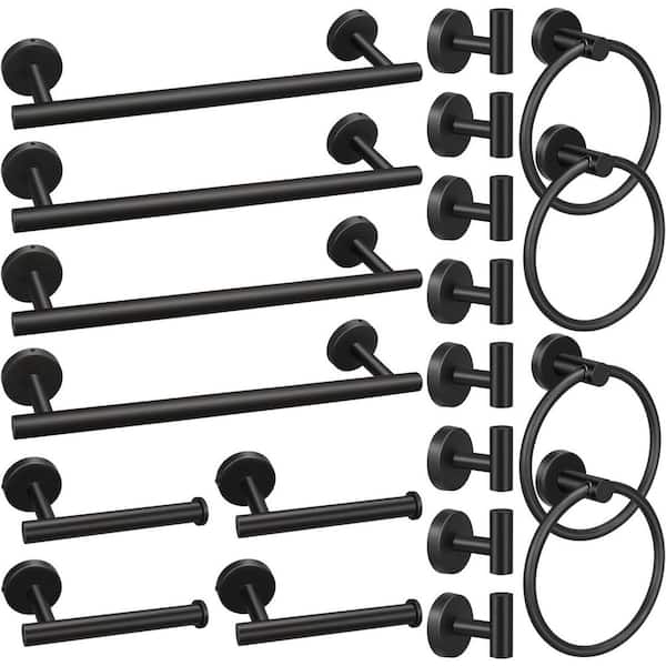 20-Piece Bathroom Hardware Set in Black with 16 in. Wall Mounted Hand Towel Bars, Towel Rings and More