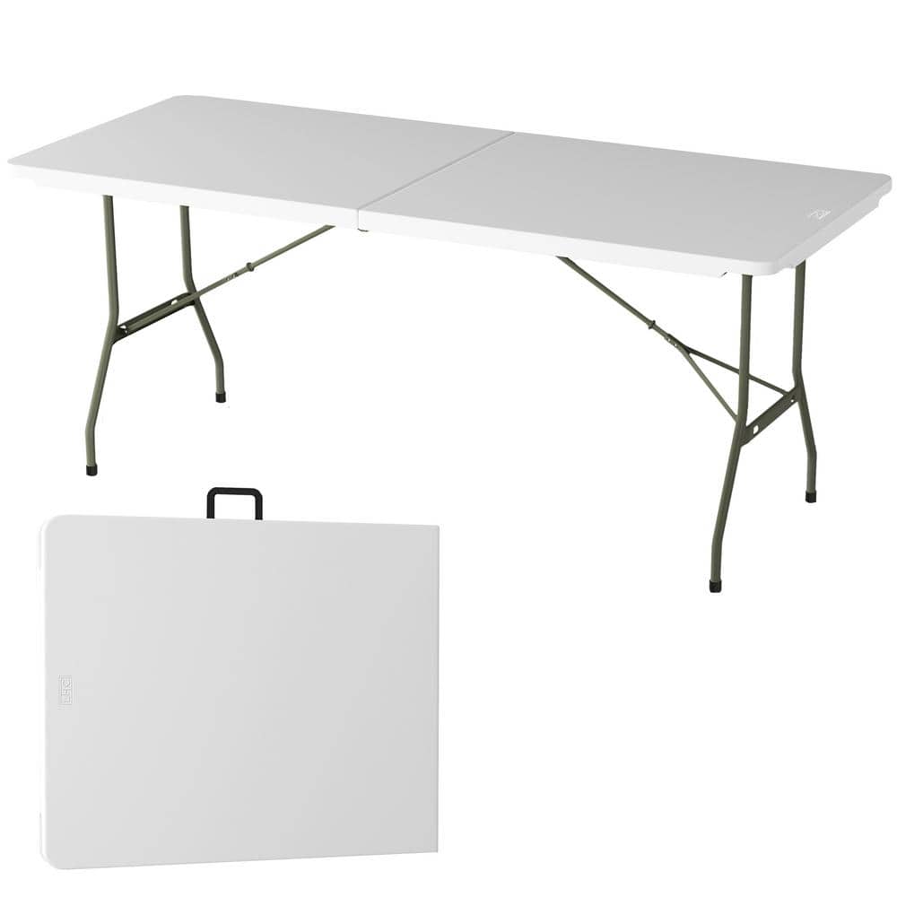 6-Foot White Plastic Folding Utility Table with Metal Frame