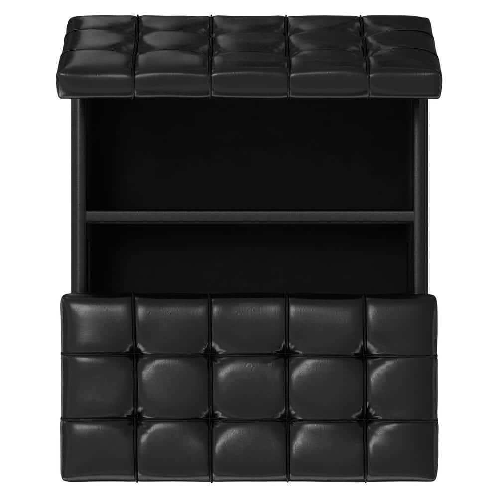 Midnight Black Tufted Faux Leather Storage Ottoman