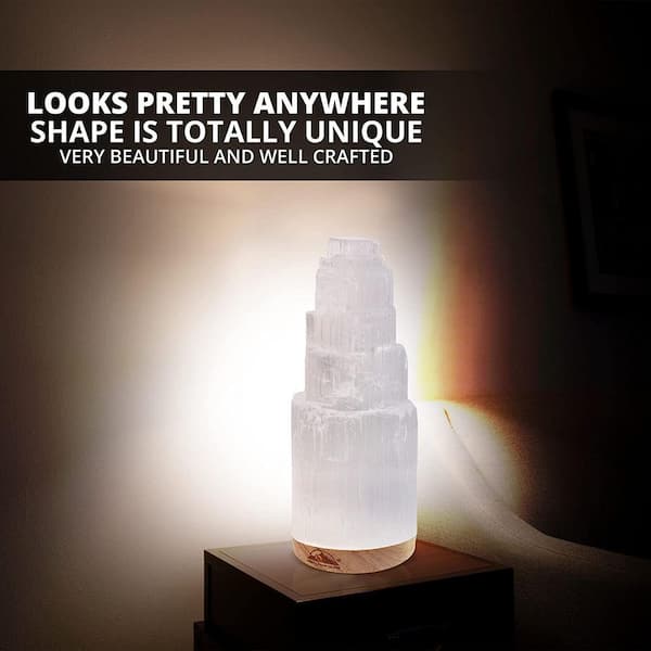7.5 in. Natural Selenite Crystal Lamp with Wooden Base and USB Port (5-7 lbs.)