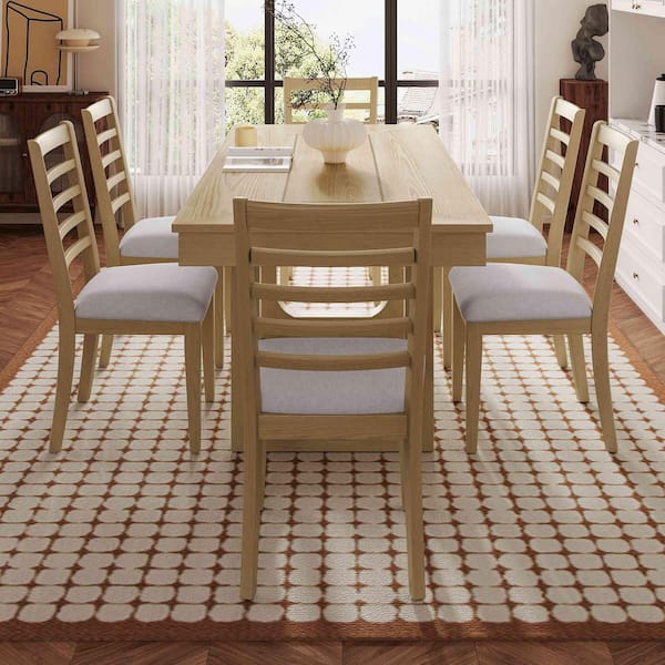 7-Piece Rectangular Natural Wood Top Dining Table Set Seats 6 with Rustic Wooden Kitchen Table and 6 Upholstered Chairs