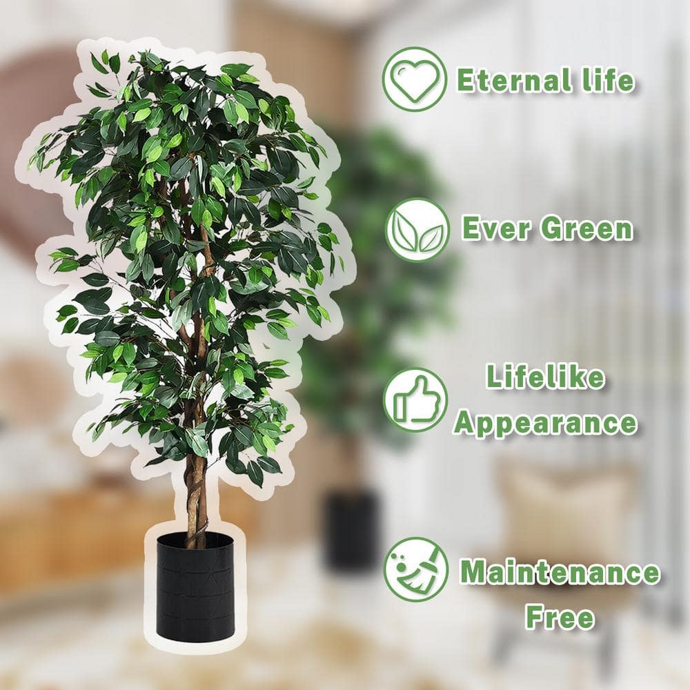 6-Foot Green Artificial Ficus Silk Tree with Wood Trunks