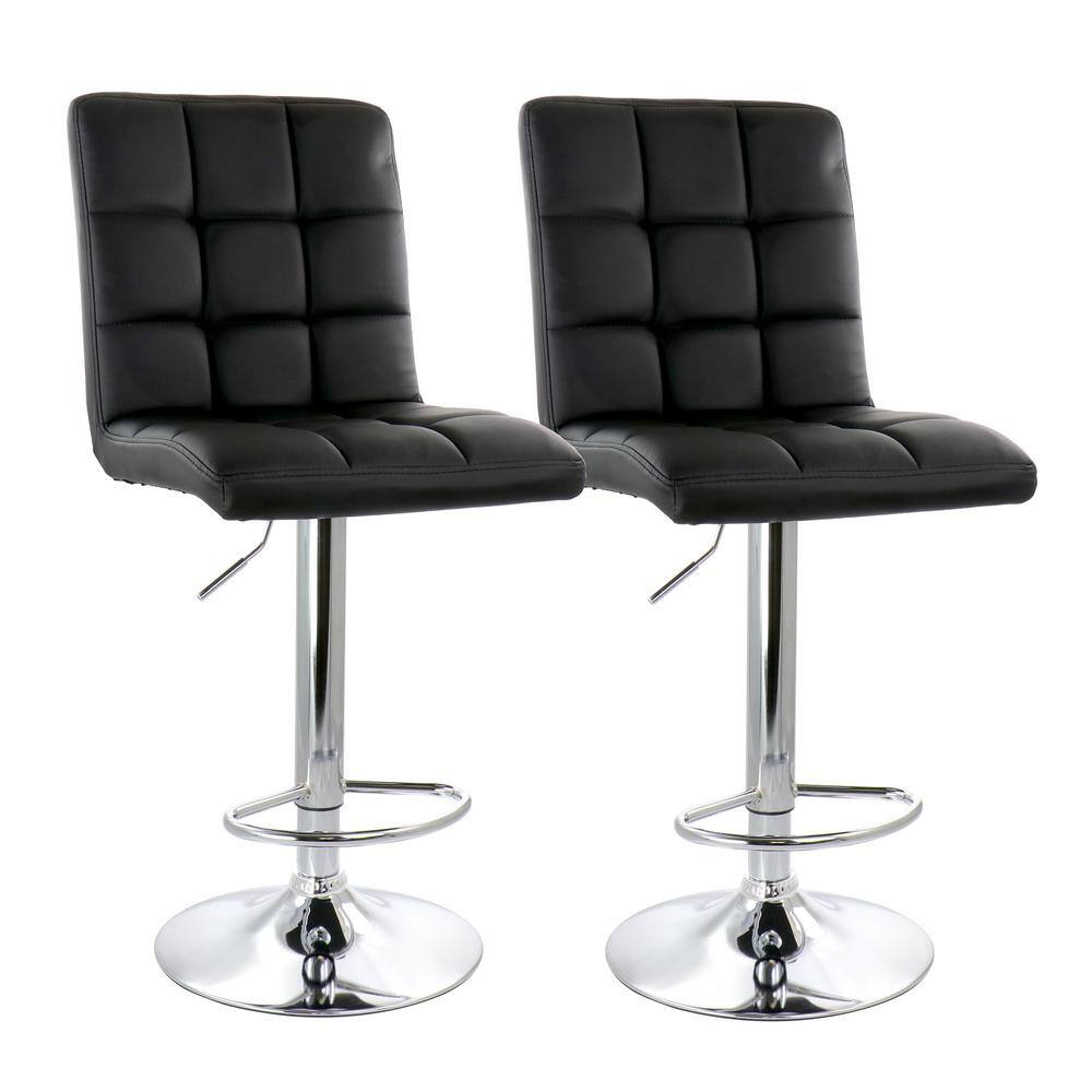 33 in Black and Chrome High Back Tufted Faux Leather Bar Stool with Adjusta
