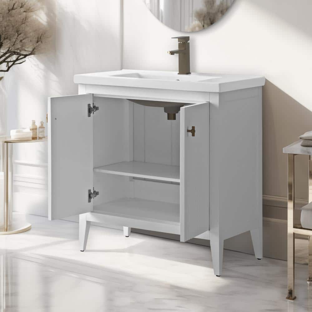 30" White Solid Wood Freestanding Bathroom Vanity with Ceramic Top