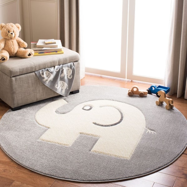 Carousel Kids Gray/Ivory Doormat 3 ft. x 3 ft. Animal Print Round Area Rug