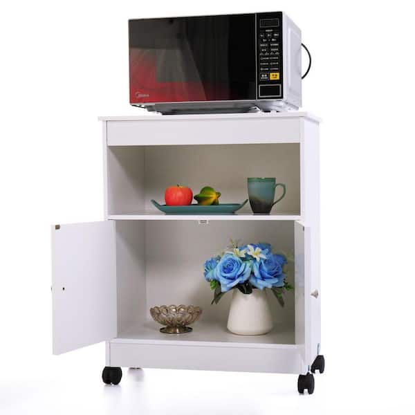 White Wood Storage Cabinet, Microwave Cart with 2 Doors 4 Casters