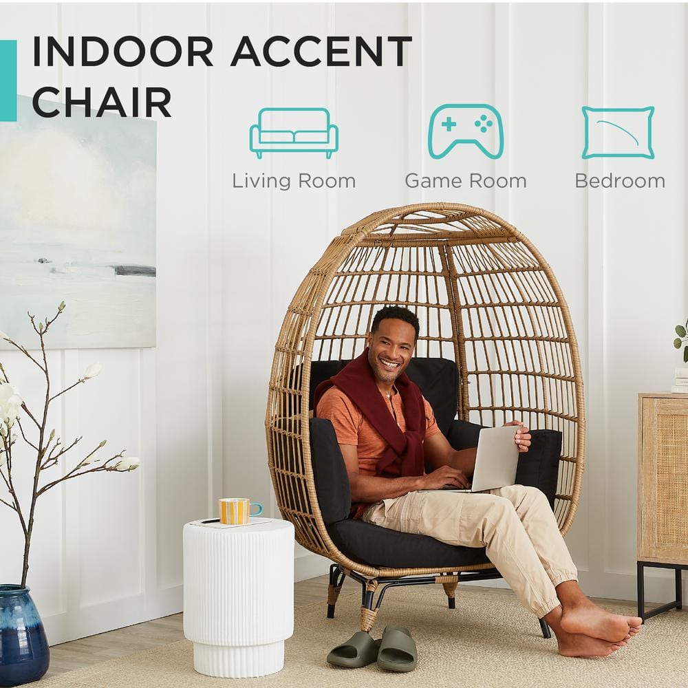 Oversized Black Wicker Egg Chair with Cushions