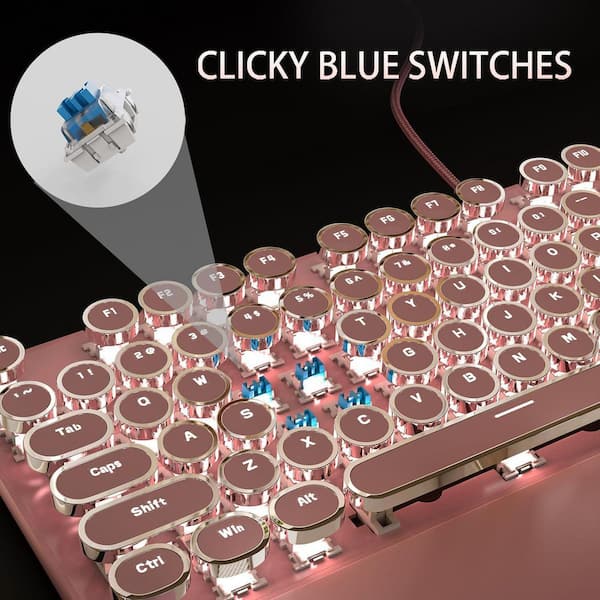 OBJLGEV Typewriter Style Mechanical Gaming Keyboard Pink