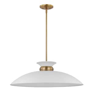Perkins 100-Watt 1-Light Matte White/Burnished Brass Shaded Pendant Light with White Metal Shade, No Bulbs Included