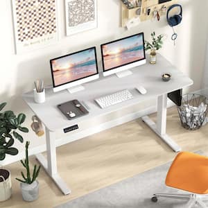 55 in. rectangular White Wood Electric Standing Desk with 3 Memory Height Settings 2 Hanging Hooks