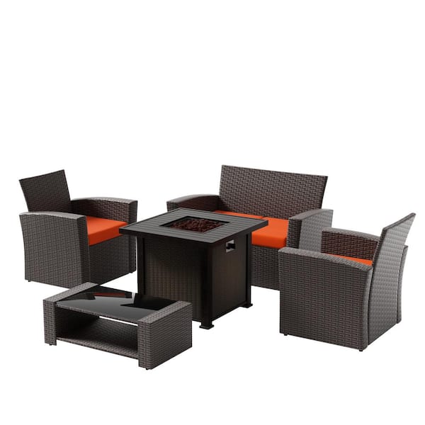 WESTIN OUTDOOR Valencia Chocolate 5-Piece Wicker Patio Fire Pit Conversation Set with Orange Cushions
