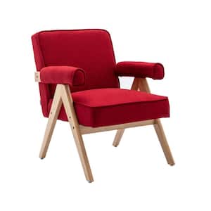 Mid Century Modern Red Linen Fabric Accent Armchair with Solid Wood Frame