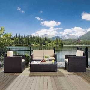 Palm Harbor 4-Piece Wicker Outdoor Seating Set with Sand Cushions - Loveseat, 2 Chairs and Glass Top Table