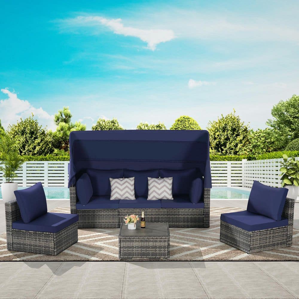 5-Piece Wicker Outdoor Patio Day Bed Furniture Set with Retractable Canopy,
