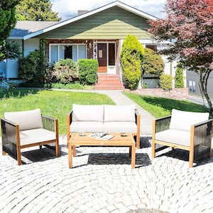 4-Piece Wood Outdoor Sectional Set with Cushionguard White Cushions