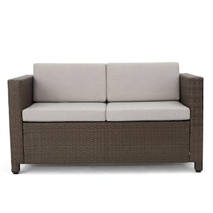 Puerta Brown Wicker Outdoor Patio Loveseat with Ceramic Gray Cushions