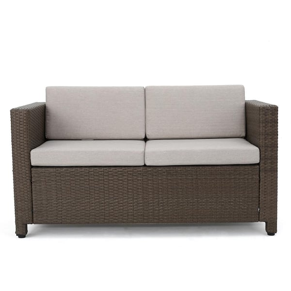 Noble House Puerta Brown Wicker Outdoor Patio Loveseat with Ceramic Gray Cushions