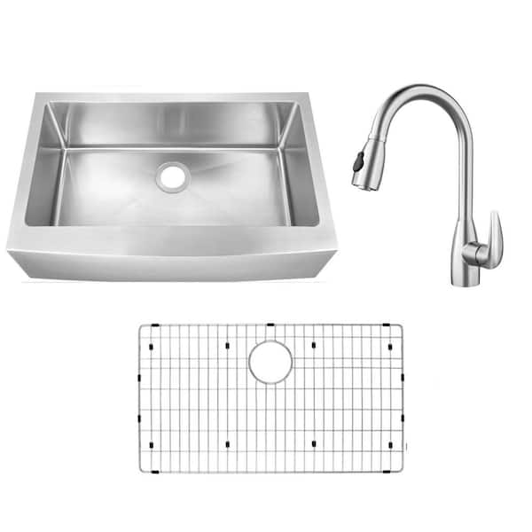 33 in. Farmhouse Apron Front Undermount Single Bowl 16 Gauge Stainless Steel Kitchen Sink with Pull-Out Sprayer Faucet