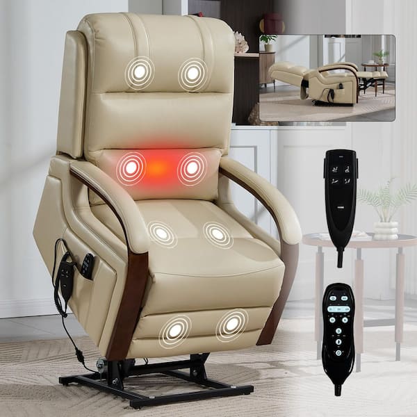 Beige Ergonomic Dual Motor Genuine Leather Power Lift Recliner with Solid Wood Armrests, Massage and Heat