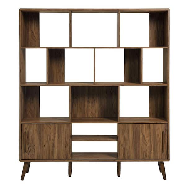 MODWAY Transmit 67 in. Tall Walnut Wood 14-Shelf Bookcase with