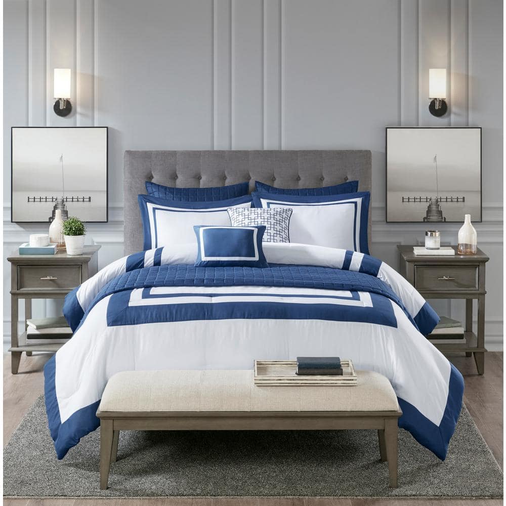 Navy and White King Microfiber Reversible 8-Piece Bedding Set