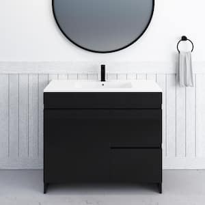 Mace 36 in. W x 18 in. D x 34 in. H Bath Vanity in Glossy Black with White Ceramic Top and Right-Side Drawers
