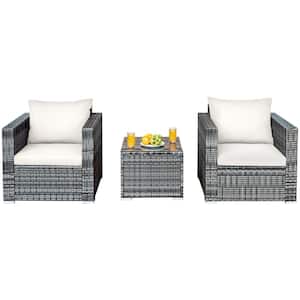 3-Piece Wicker Patio Rattan Furniture Outdoor Bistro Set with White Cushions Sofa Chair Table