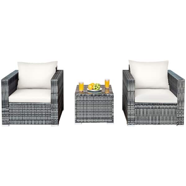 Costway 3-Piece Wicker Patio Rattan Furniture Outdoor Bistro Set with White Cushions Sofa Chair Table