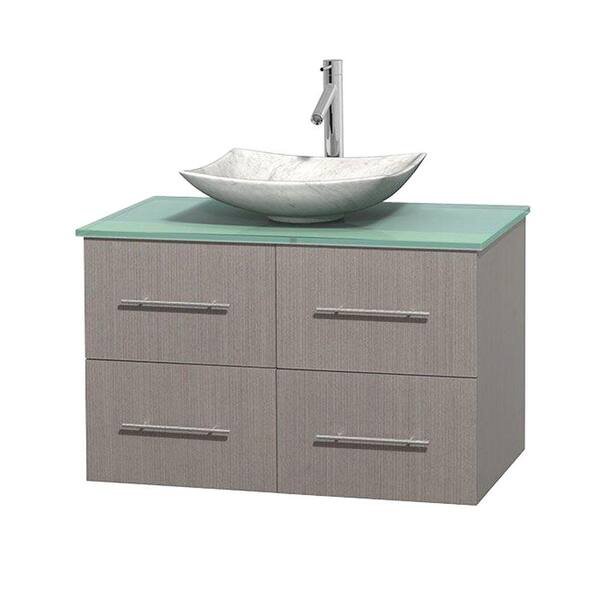 Wyndham Collection Centra 36 in. Vanity in Gray Oak with Glass Vanity Top in Green and Carrara Sink
