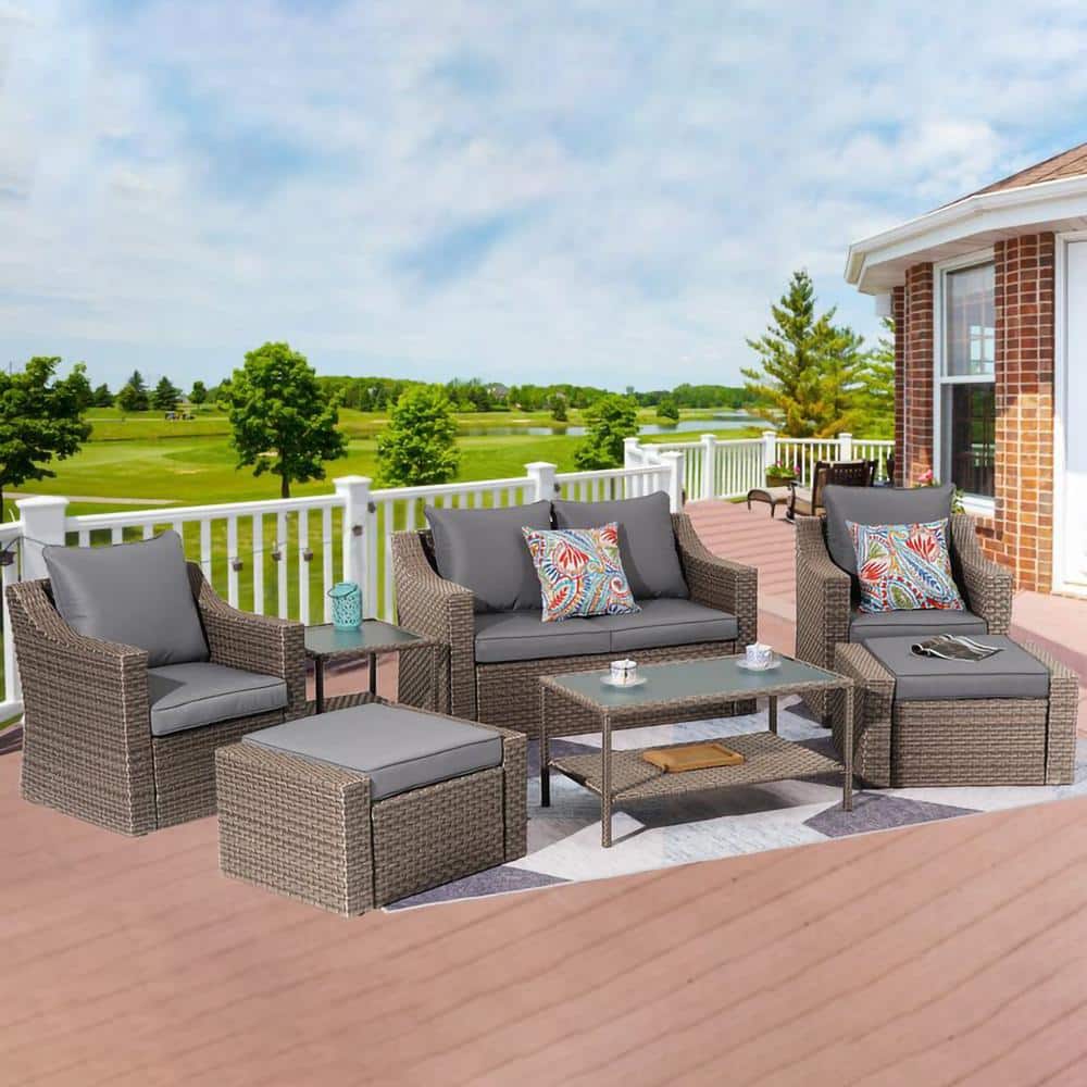 Brown 7-Piece PE Wicker Outdoor Sectional Furniture Cushioned Sofa Set Pati