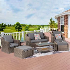 Brown 7-Piece PE Wicker Outdoor Sectional Furniture Cushioned Sofa Set Patio Rattan Conversation Set with Gray Cushion