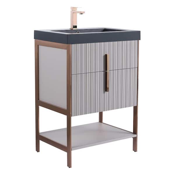 FINE FIXTURES 24 in. W x 18 in. D x 33.5 in. H Bright Taupe Bath Vanity with Gel Coated Acrylic Top in Black with Rose Gold Hardware
